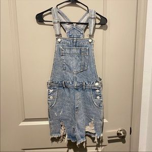 Distressed Denim Shorts Overalls